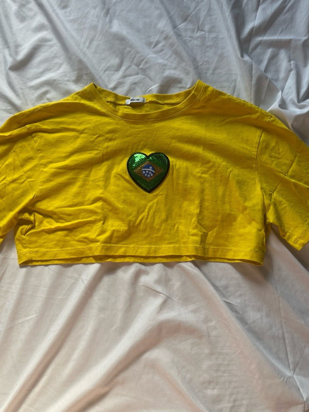 Yellow Cropped Shirt with Sequin Brazil Heart